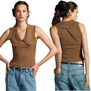 Maeve Anthropologie Gingham Tank Top w/Ruffled Collar Brown/Black Sz L Like New